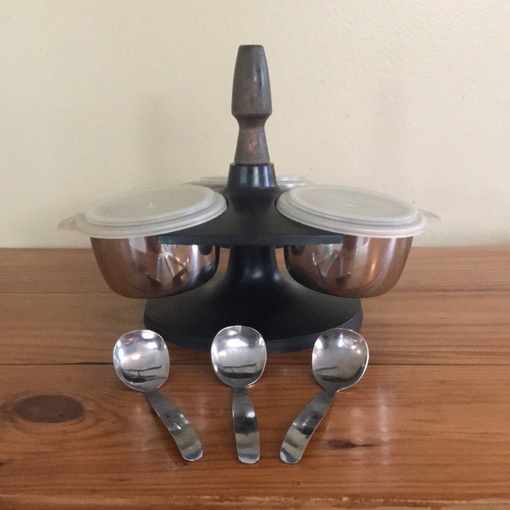 VTG MCM Foley Serve & Save Revolving 3 Bowl Condiment Server w/Spoons & Lids.
